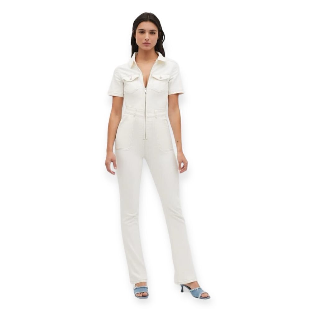 Stradivarius White Denim Utility Jumpsuit Size L NWT Zip Front Wide Leg One Piec - Picture 9 of 11